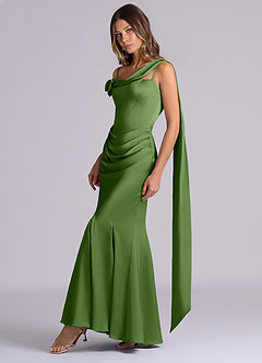 Azazie Inara Final Sale Dark Green Mermaid Pleated Stretch Satin Dress image3