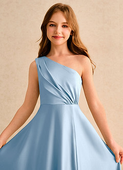 Azazie Puddles Girls Formal Abiti da Ragazza di Fiori Abito A-Line in Raso Opaco Monospalla Azzurro Polvere image2