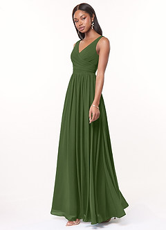 Azazie Keyla Bridesmaid Dresses Olive A-Line V-Neck Pleated Chiffon Dress image3