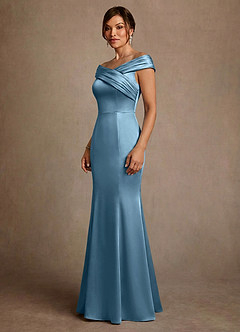 Azazie Aberdeen vestidos de madre de la novia Vestido de Azul Acero de Satén Elástico de Corte Recto con Plisado image3