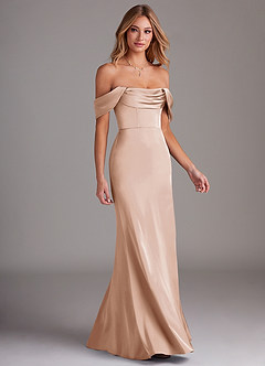 Azazie Saige Bridesmaid Dresses Blushing Pink Sheath Off the Shoulder Stretch Satin Dress image6