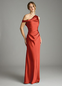 Azazie Emerson Abiti da Damigella Abito Sirena in Raso Elasticizzato a Spalla Scoperta Ruggine image5