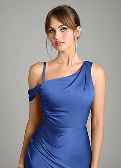 Azazie Madelyn Bridesmaid Dresses Royal Blue Mermaid One Shoulder Stretch Satin Convertible Dress image3