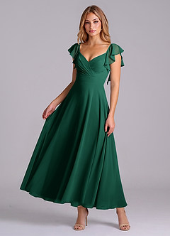 Azazie Leilani 신부 들러리 드레스 A라인 셔링 쉬폰 발목 길이 드레스 image1