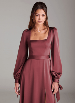 Azazie Leonia Brautjungfernkleider A-Linie Langarm Stretch-Satin Kleid Merlot image5