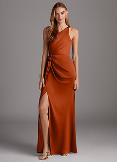 Azazie Mika Vestidos de damas de honor Vestido de Pimenton de Satén Elástico de Corte Recto con Hombro unilateral image3