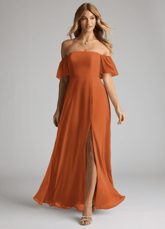 Azazie Sue Bridesmaid Dresses Cinnamon A-Line Off the Shoulder Chiffon Convertible Dress image1