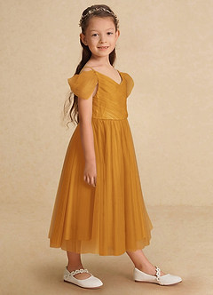 Azazie Lizzette Flower Girl Dresses Butterscotch A-Line Ruched Tulle Dress image1