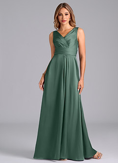 Azazie Karina Bridesmaid Dresses Eucalyptus A-Line Pleated Stretch Satin Dress image4
