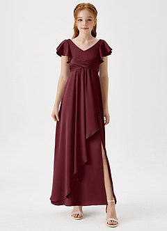Azazie Omari Junior Cabernet A-Line Pleated Stretch Satin Dress image4