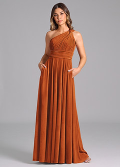 Azazie Charlize Bridesmaid Dresses Burnt Orange A-Line One Shoulder Velvet Dress image3
