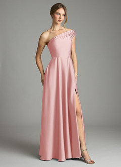 Azazie Melanie Robes de demoiselle d'honneur Robe Trapèze en Satin extensible Épaule décolletée Rose Poudré image5