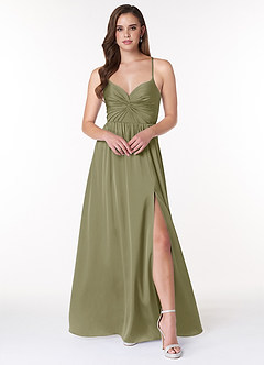 Azazie Raya Bridesmaid Dresses Pistachio A-Line V-Neck Pleated Stretch Satin Dress image1