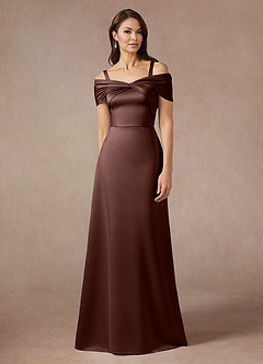 Azazie Amelia Mother of the Bride Dresses Espresso A-Line Off the Shoulder Stretch Satin Dress image1