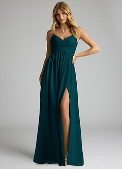 Azazie Alia Bridesmaid Dresses Pine A-Line Pleated Chiffon Dress image1
