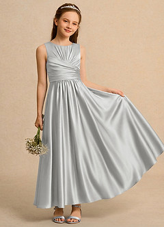 Azazie Ducky Girls Formal Abiti da Ragazza di Fiori Abito A-Line in Raso Elasticizzato Plissettato Argento image1