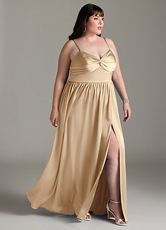 Azazie Zeya Bridesmaid Dresses Champagne A-Line Pleated Stretch Satin Dress image12