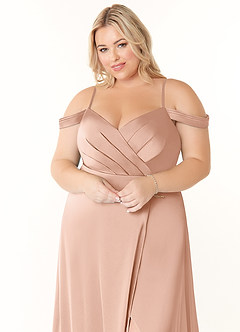 Azazie Ocean Bridesmaid Dresses Rose Gold A-Line V-Neck Pleated Stretch Satin Dress image10
