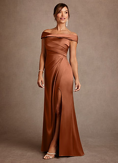 Azazie Bedford Mother of the Bride Dresses Copper Sheath Pleated Stretch Satin Dress image2