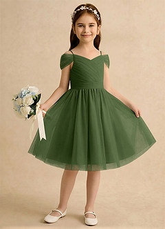 Azazie Lila Girls Formal Robe Demoiselle D'honneur Fillette Robe Trapèze en Tulle Épaule décolletée Olive image4