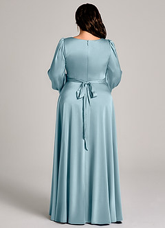 Azazie Leonia Robes de demoiselle d'honneur Robe Trapèze en Satin extensible Manche longue Bleu Maussade image13