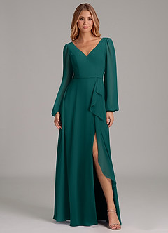 Azazie Simone Bridesmaid Dresses Peacock A-Line Long Sleeve Chiffon Dress image3