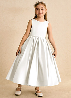 Azazie Cailee Flower Girl Dresses Ivory Ball-Gown Pleated Matte Satin Dress image5