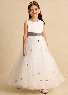 Azazie Cricket Flower Girl Dresses Ivory Taupe Ball-Gown Pleated Matte Satin Dress image6