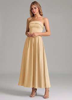 Azazie Lucienne Vestidos de madrinha de casamento Vestido Ouro de Cetim elástico de Linha A com Plissado image4