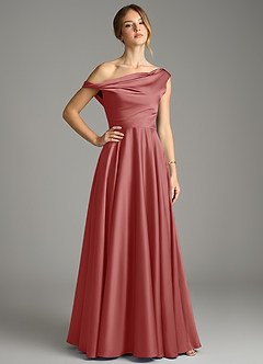 Azazie Xanthe Bridesmaid Dresses Antique Rose A-Line Off the Shoulder Stretch Satin Dress image1