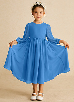 Azazie Lolo Abiti da Ragazza di Fiori Abito A-Line in Chiffon Con Maniche Blue Jay image3