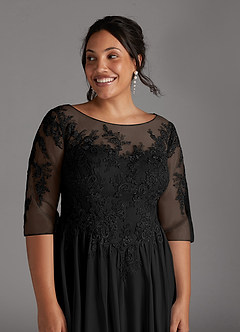 Azazie Harriet Mère de la mariée Robes Robe Trapèze en Maille Dentelle en forme d'anneau Noir image12