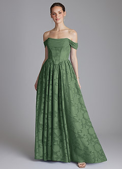 Azazie Raisa Bridesmaid Dresses Eucalyptus A-Line Off the Shoulder Floral Burnout Dress image1
