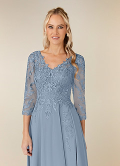Azazie Noella Mère de la mariée Robes Robe Trapèze en Mousseline de soie Col V Dentelle Bleu Poussiéreux image5