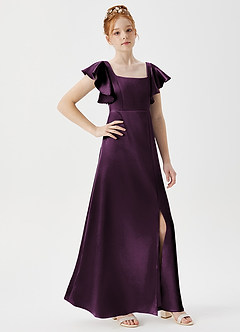 Azazie Bondi Junior Plum A-Line Side Slit Metallic Satin Dress image3