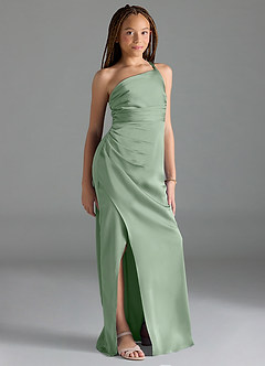 Azazie Eren Junior Matcha Sheath Pleated Stretch Satin Dress image4