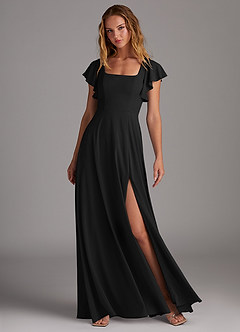 Azazie Bondi Vestidos de damas de honor Vestido de Negro de Chifón elástico de Corte en A con Corte Lateral image3