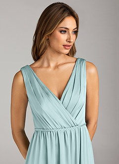 Azazie Tanicia Bridesmaid Dresses Sea Glass A-Line Pleated Stretch Satin Dress image6