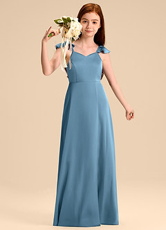 Azazie Everett Junior Steel Blue A-Line Bow Stretch Satin Dress image5