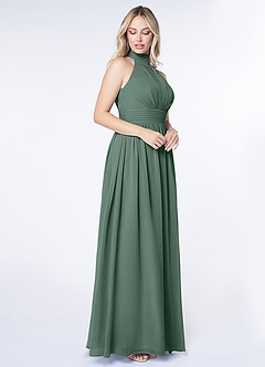 Azazie Iman Vestidos de damas de honor Vestido de Musgo Marino de Gasa de Corte en A con Línea A fruncida image3