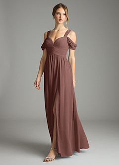 Azazie Lianne Bridesmaid Dresses Espresso A-Line Off the Shoulder Chiffon Dress image4