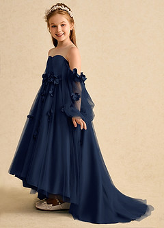 Azazie Karrie Flower Girl Dresses Dark Navy A-Line with Sleeves Tulle Dress image3