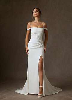 Azazie Alyce Essayer des robes à la maison Robe Sirène en Crêpe Dos Satin Épaule décolletée Blanc De Diamant image9