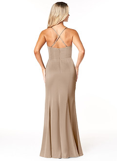 Azazie Marzia Bridesmaid Dresses Taupe Sheath Cowl Pleated Stretch Satin Dress image4