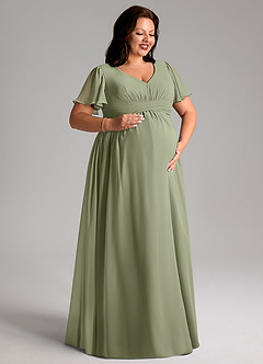 Azazie Verna Kjoler til hjemmeprøvning A-Line V-hals Ruched Chiffon Gulv-længde Kjole image10