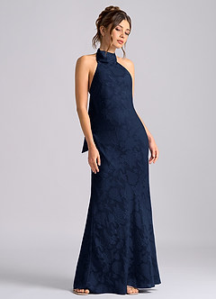 Azazie Velli 신부 들러리 드레스 인어 하이넥 플로럴 번아웃 바닥 길이 드레스 image5