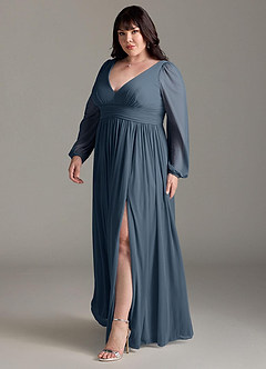 Azazie Norah Bridesmaid Dresses Neptune A-Line V-Neck Long Sleeve Chiffon Dress image11
