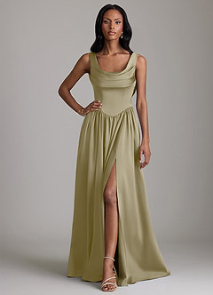 Azazie Novi Bridesmaid Dresses Moss Green A-Line with Pockets Stretch Satin Dress image1