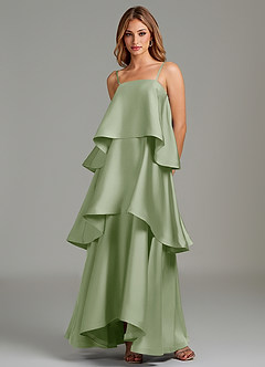 Azazie Azalea At-home Try On Dresses Dusty Sage A-Line Ruched Stretch Satin Dress image5
