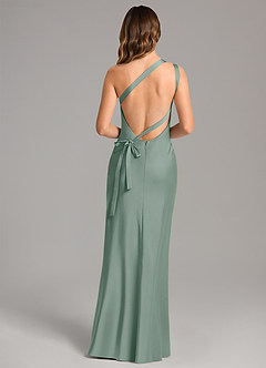 Azazie Monroe Bridesmaid Dresses Silver Sage Mermaid One Shoulder Stretch Satin Dress image2
